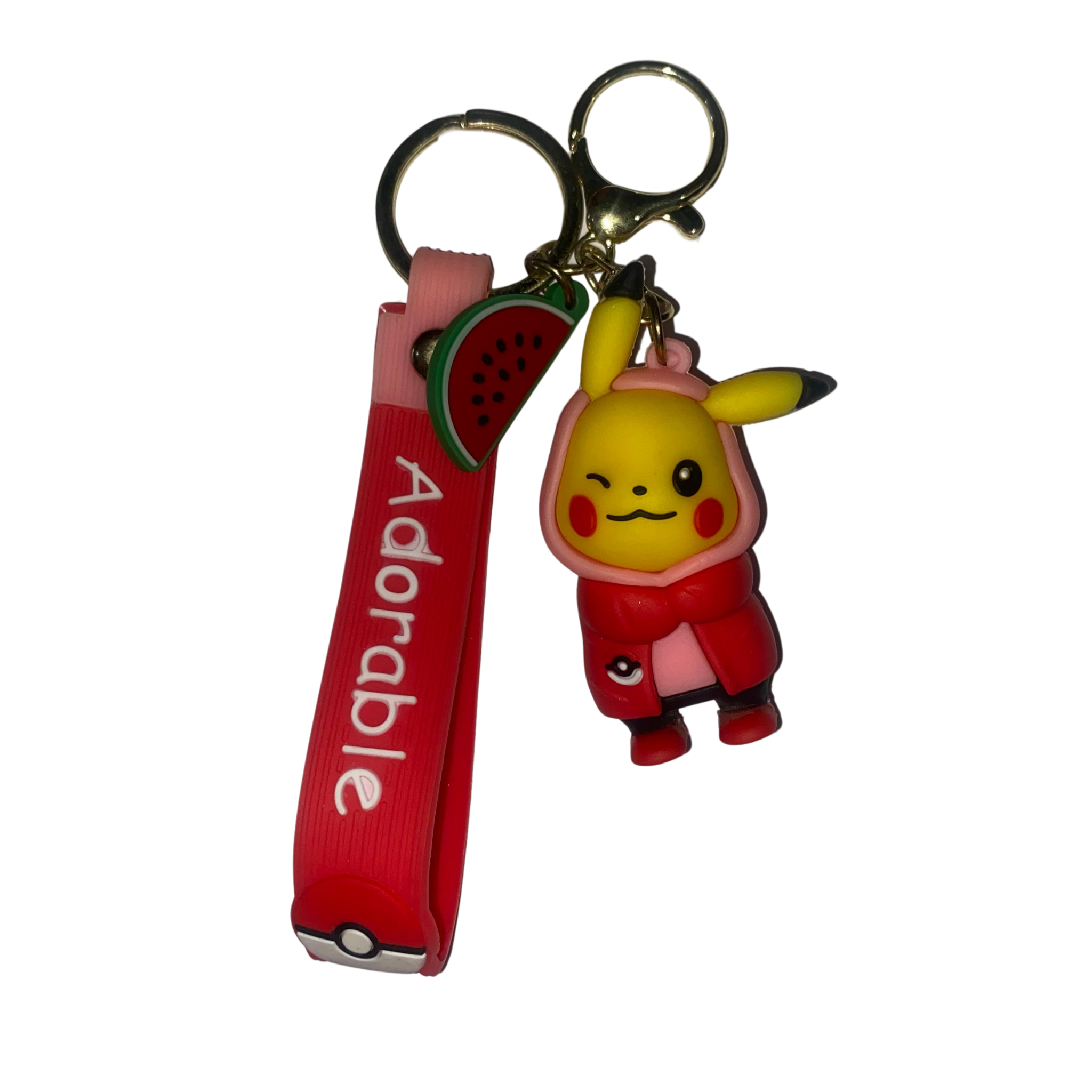 Pikachu Rubber Keychain – Red Outfit & Watermelon Chibi Edition