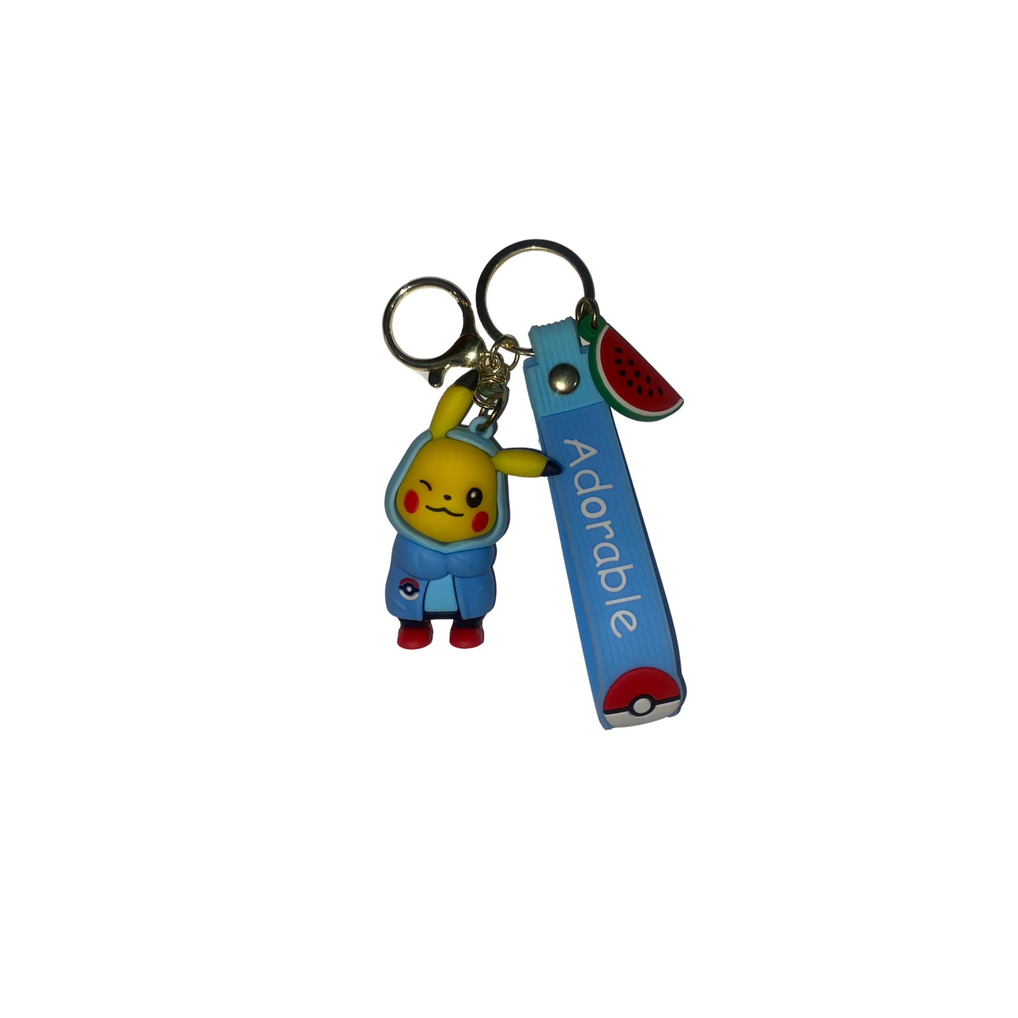 Pikachu Rubber Keychain – Blue Outfit & Watermelon Chibi Edition